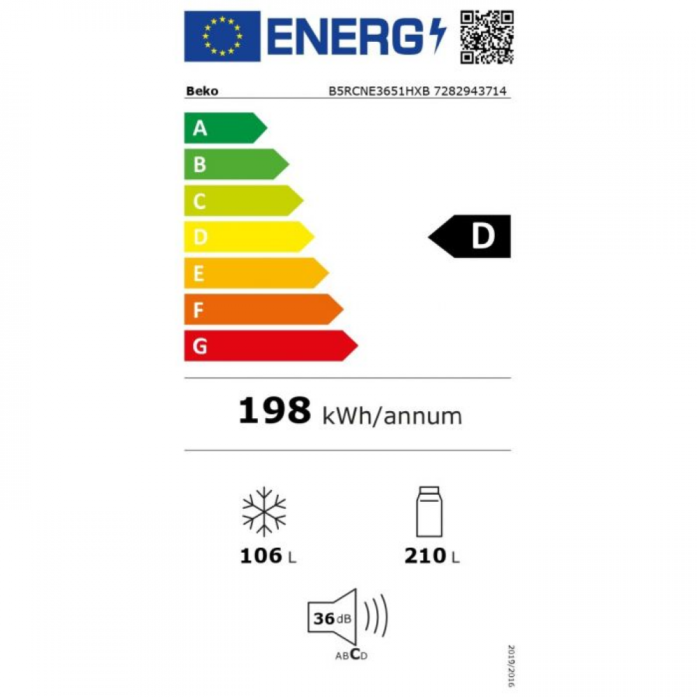 BEKO B5RCNE3651HXB koel-/vriescombinatie - 186cm